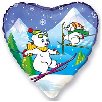 FM с рисунком 18" Сердце 201617 Мишка на лыжах фольга